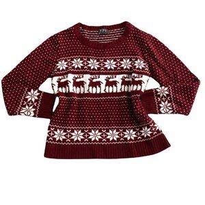 POL Sweater Burgundy & White Sz L Snowflake Reindeer Fair Isle Nordic #216H
